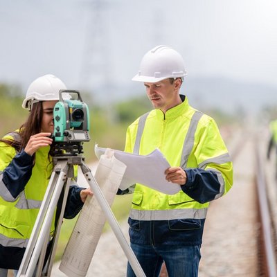 Zwei Personen in Sicherheitswesten und Schutzhelmen stehen auf einem Bahngleis. Zwei Personen in Sicherheitswesten und Schutzhelmen stehen auf einem Bahngleis.
